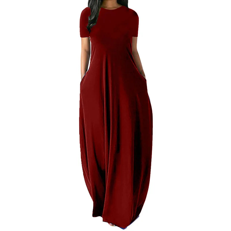 Women Oversize Casual Solid O-Neck Pockets Long Dress Summer Dress Female Plus Size Short Sleeve High Waist Maxi Dresses - Seprincess