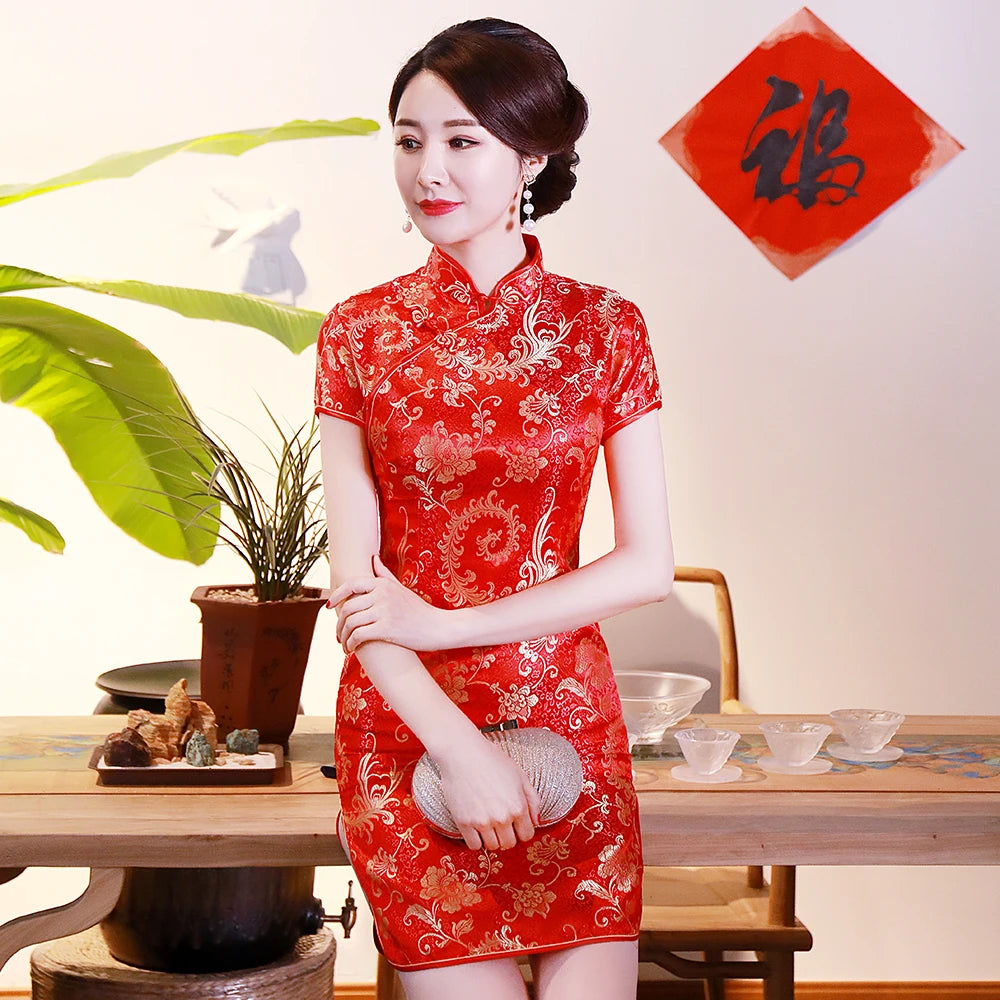 Black Dragon&phoenix Female Short Qipao Large Size 3XL Classic Cheongsam For Women Vestidos Mandarin Collar Slim Chinese Dress - Seprincess