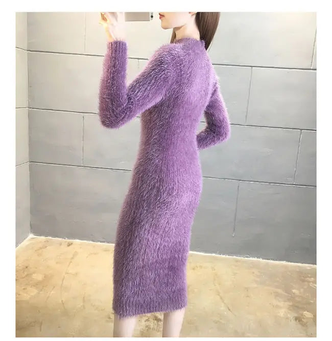 Women's Winter Clothing 2024 Imitation Mink Wool Thick Warm Turtleneck Sweater Dress Sheath Bodycon Dresses For Women Casual - Seprincess