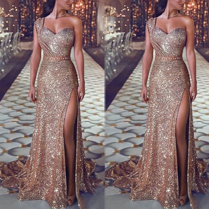 Women Sexy One Shoulder High Split Irregular Dress 2022 New Fashion Shiny Sequin Long Evening Dresses Lady Elegant Party Dress - Seprincess