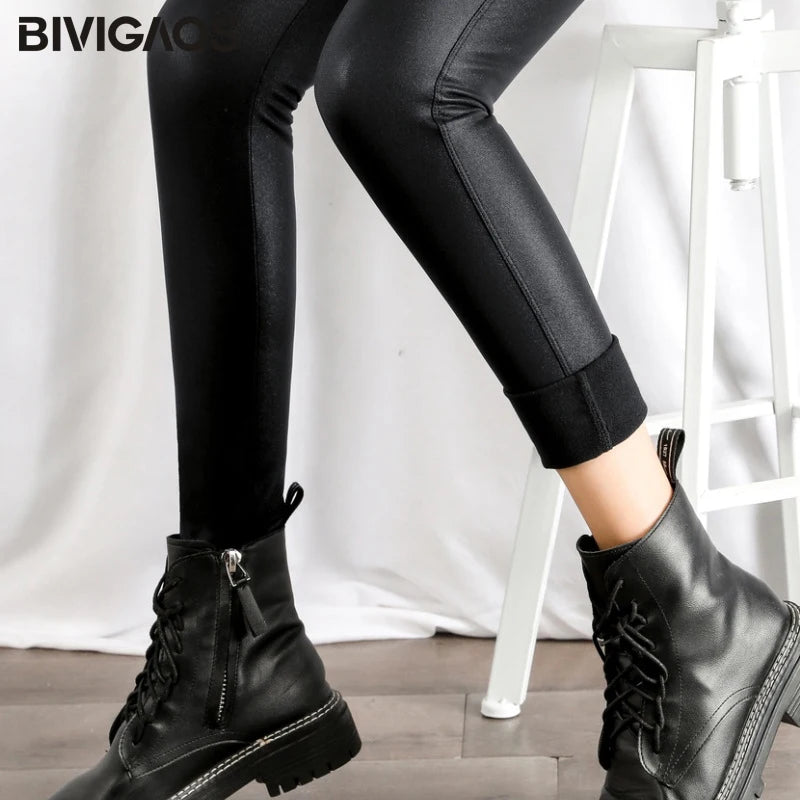 BIVIGAOS Autumn Winter Black Fleece Matte Leather Leggings Women High Waist  Sexy Motorcycle Pants Slim Skinny Warm Leggings