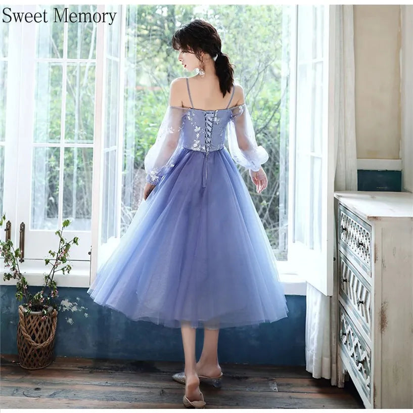 Sweet Memory 2025 Women Blue Bridesmaid Dresses Tea Length Appliques Lace Flowers Mismatched With Sleeves Wedding Party Dress - Seprincess