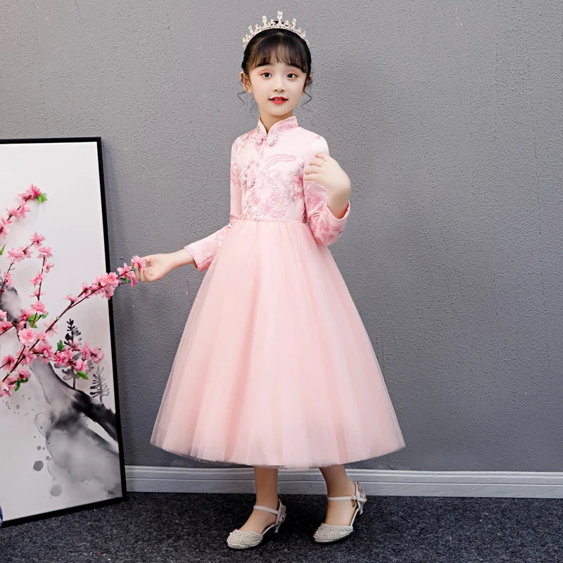 Cute Flower Girls Dresses Kids Chinese Embroidery Lace Cheongsam Dress Baby Girls Elegant Traditional Chinese New Year Dress