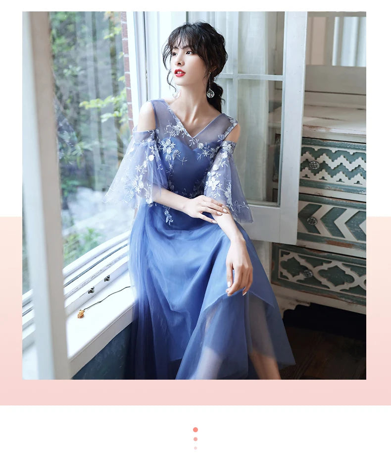 Sweet Memory 2025 Women Blue Bridesmaid Dresses Tea Length Appliques Lace Flowers Mismatched With Sleeves Wedding Party Dress