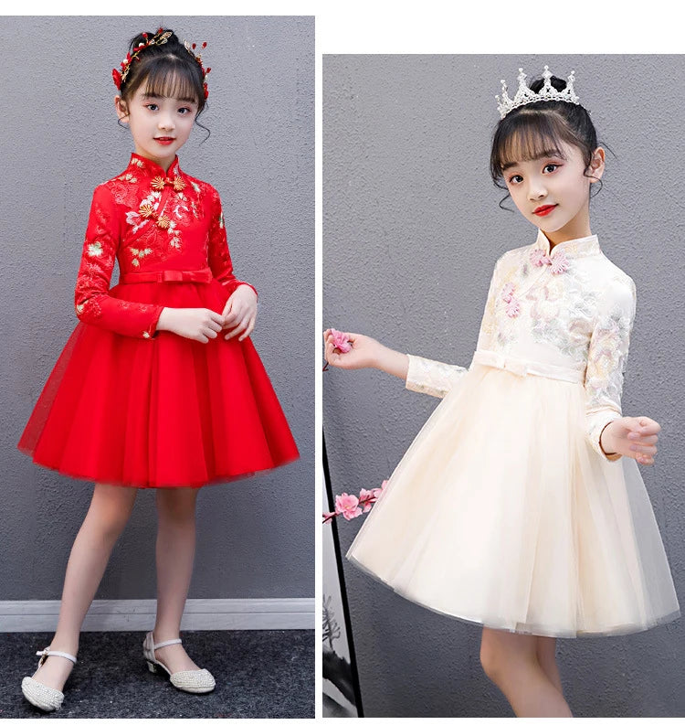 Cute Flower Girls Dresses Kids Chinese Embroidery Lace Cheongsam Dress Baby Girls Elegant Traditional Chinese New Year Dress - Seprincess