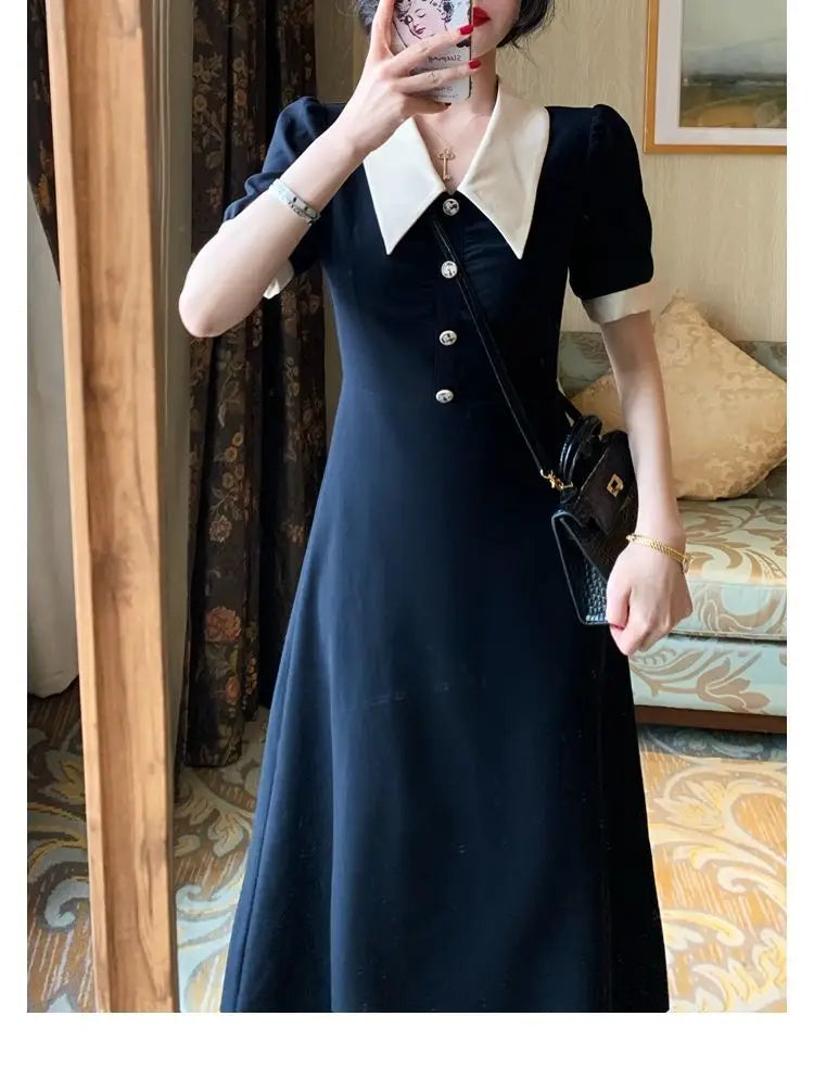 Short Sleeve Dresses Women Fashion Casual Harajuku Design French Vintage BF Hepburn Tender Slim Button Breathable All-match Fit - Seprincess