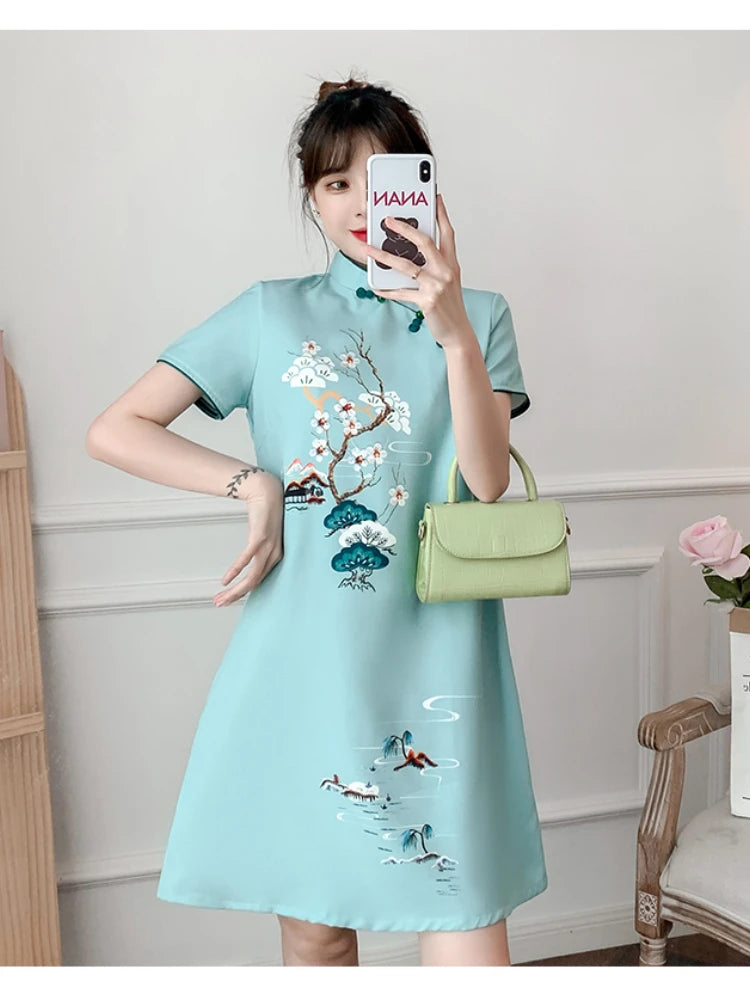 Plus Size M-4XL 2021 New Blue Loose Fashion Modern Cheongsam Dress Women Short Sleeve Qipao Traditional Chinese Style Clothes - Seprincess