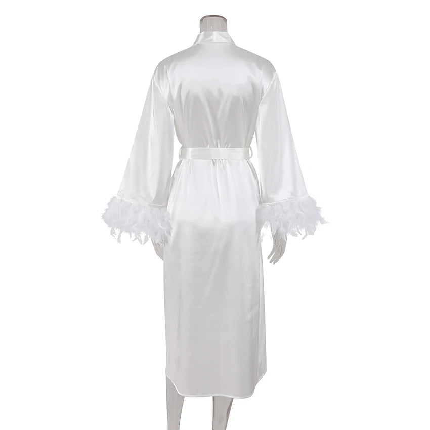 Hiloc Flare Sleeves Feather Robes With Fur White Wedding Sexy Robes Women Dresses Satin Bathrobe Female Sleepwear Fashion 2024 - Seprincess