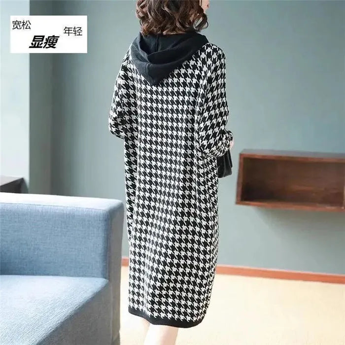 6XL Women's Dress 2024 Autumn Summer New Fashion Houndstooth Hooded Sweater Hoodie Dresses Winter Long-Sleeved Base Dress Female - Seprincess