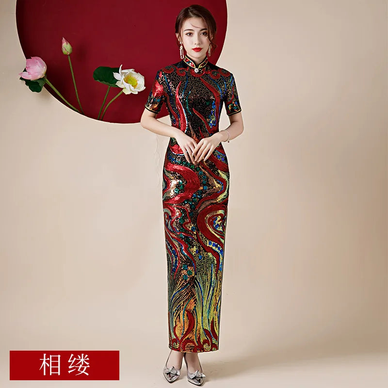 Oversize 4XL Velour Sequin Flower Cheongsam Women Slim Velvet Qipao Elegant Evening Party Dress Short Sleeve Vestidos - Seprincess