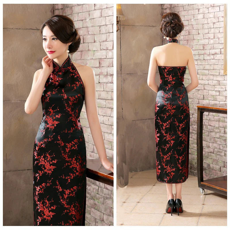 Navy Blue Mandarin Collar Women Chinese Dress Backless Long Satin Qipao Vintage Button Sexy Cheongsam Novelty Stage Show Clothes - Seprincess