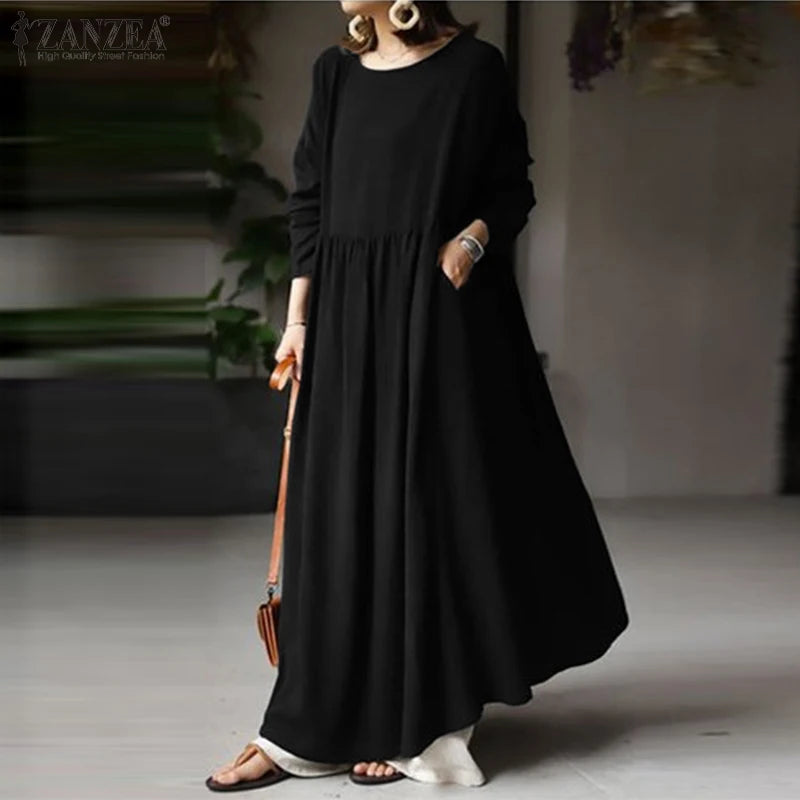 Autumn Women Sundress ZANZEA 2023 Vintage Solid Dresses Female Cotton Robe Casual Long Sleeve Pleated Maxi Vestidos Kaftan - Seprincess