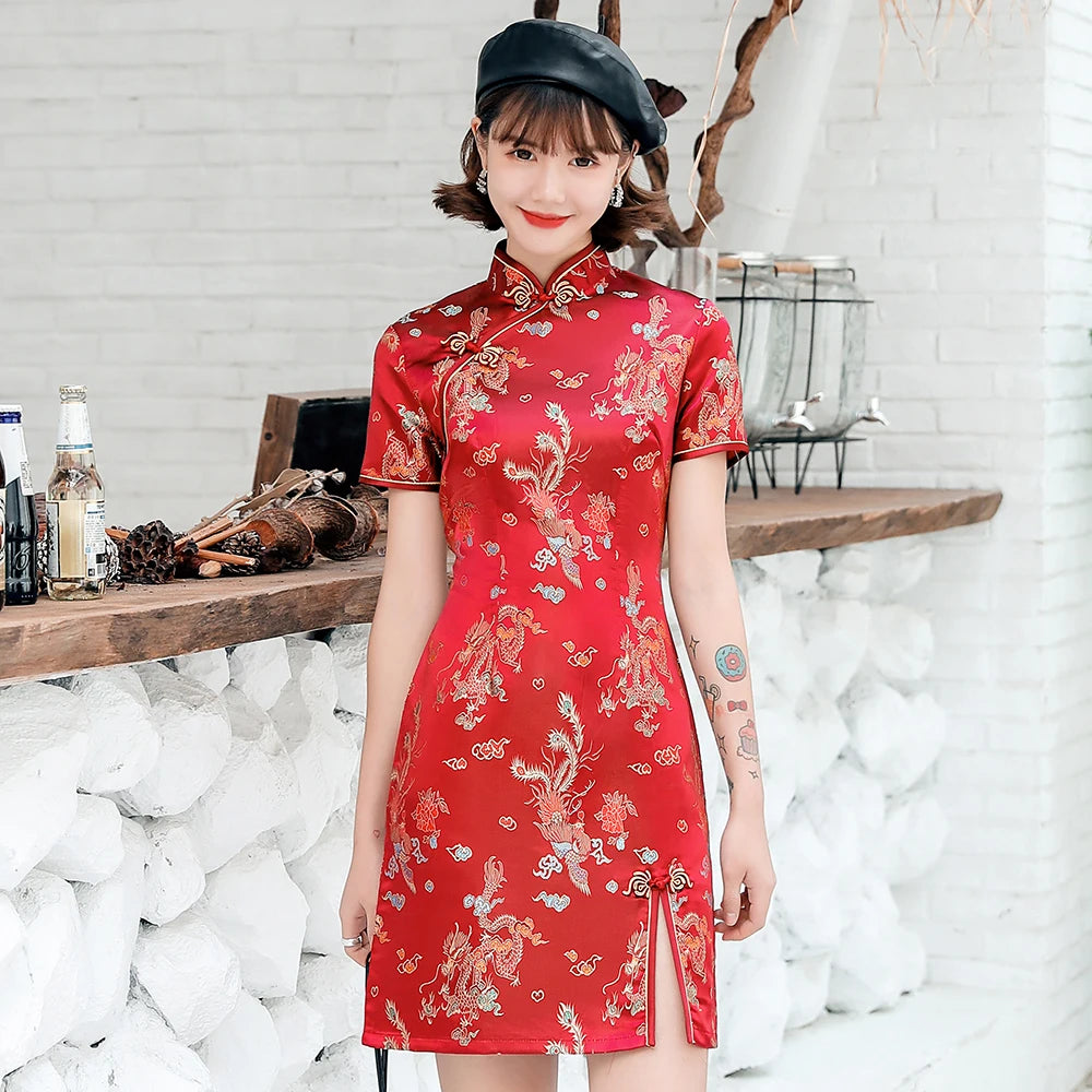 Knit Dragon Novelty Satin Chinese Dress Women Red Classic Mandarin Collar Short Cheongsam Vestidso Qipao Evening Party Gown - Seprincess