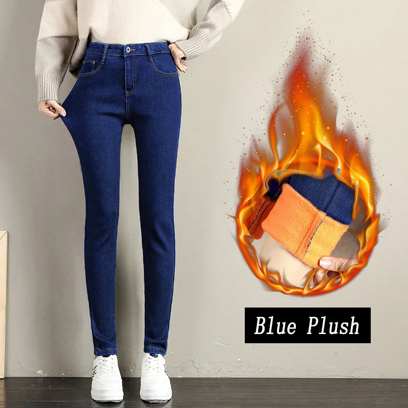 Women Stretch High Waist Skinny Warm Thick velvet Jeans Lady Mom Cotton Pants Student Winter Pencil Trousers clothes 38 40