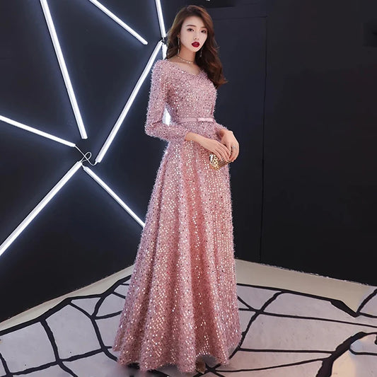 2021 Elegant Pink Feathers Long Evening Dress with Long-sleeve Shiny Sequin Lace Up Floor-Length Formal Gowns New Party Dresses - Seprincess