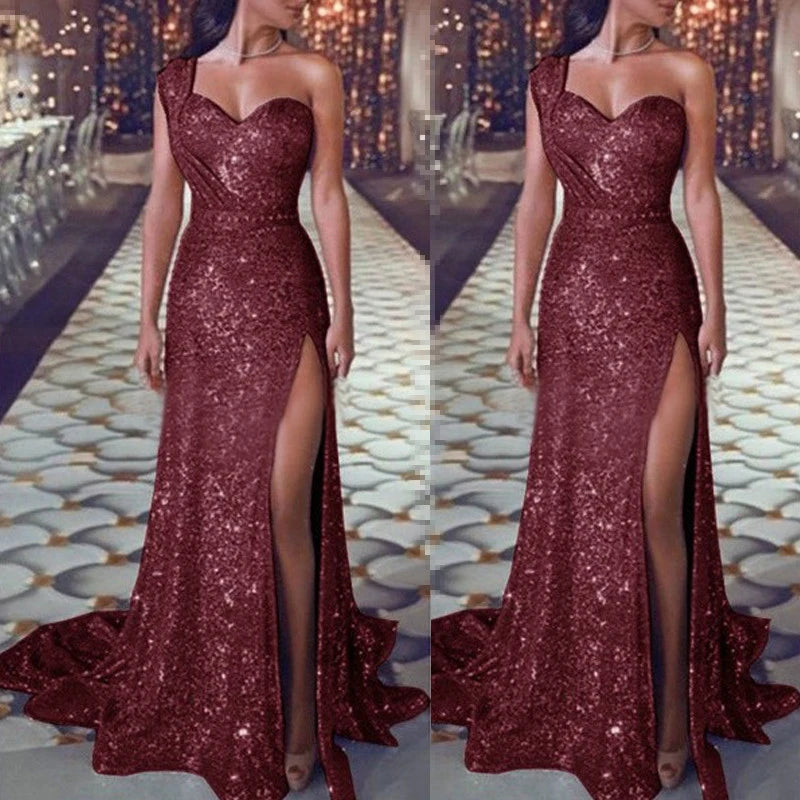 Women Sexy One Shoulder High Split Irregular Dress 2022 New Fashion Shiny Sequin Long Evening Dresses Lady Elegant Party Dress - Seprincess