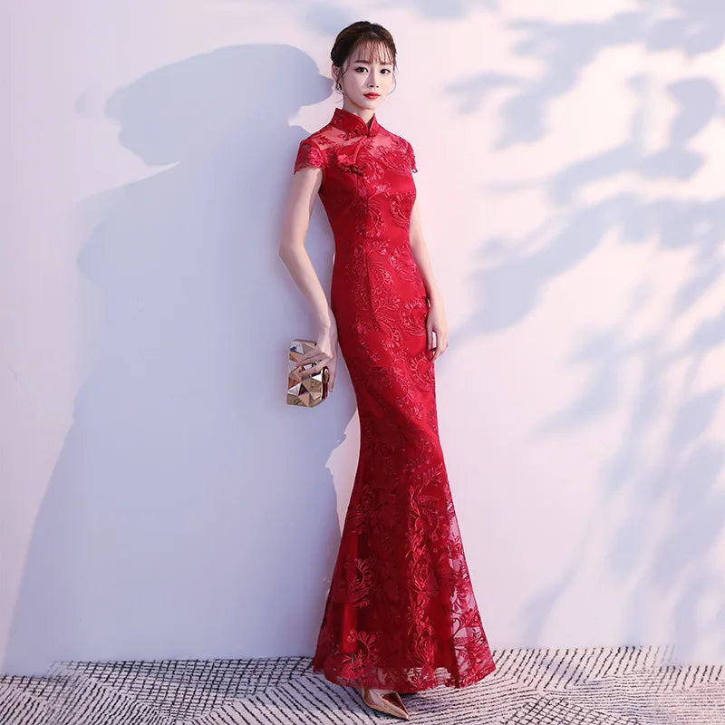 Lace Mermaid Chinese Style Lady Cheongsam Long Tight Elegant Dress Big Size 3XL Vestidso Vintage Red Bride Wedding Qipao S-203 - Seprincess