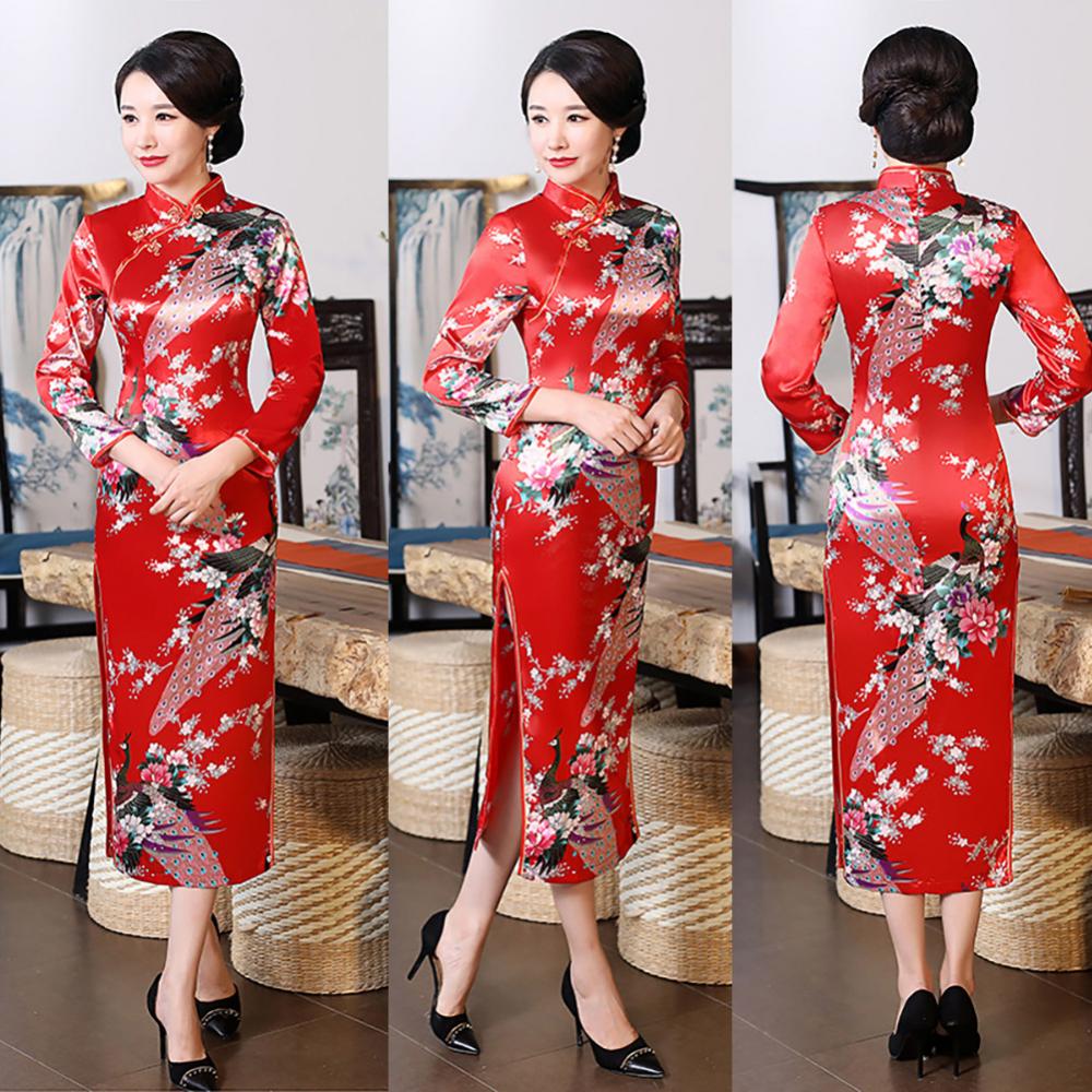 Women Chinese Traditional Dress Peacock Flower Print Long Split Bodycon Dress Cheongsam Stage Show Midi Slim Women Dress - Seprincess