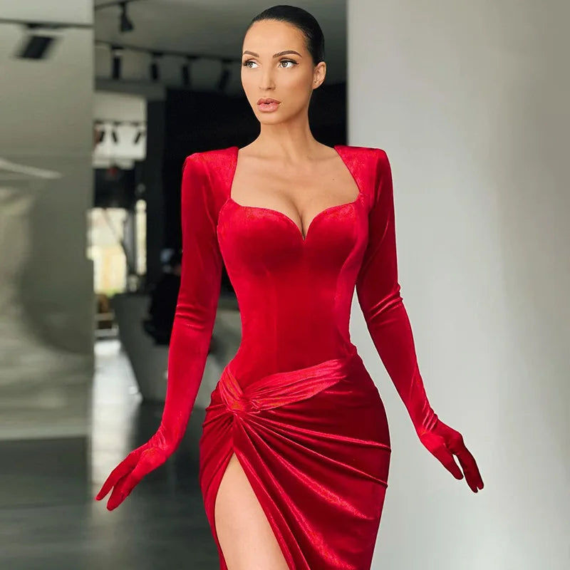 Cryptographic Elegant Gown Long Dress Evening Club Outfits for Women Gloves Sleeve Velvet Sexy Slit Maxi Dresses Ruched Dresses