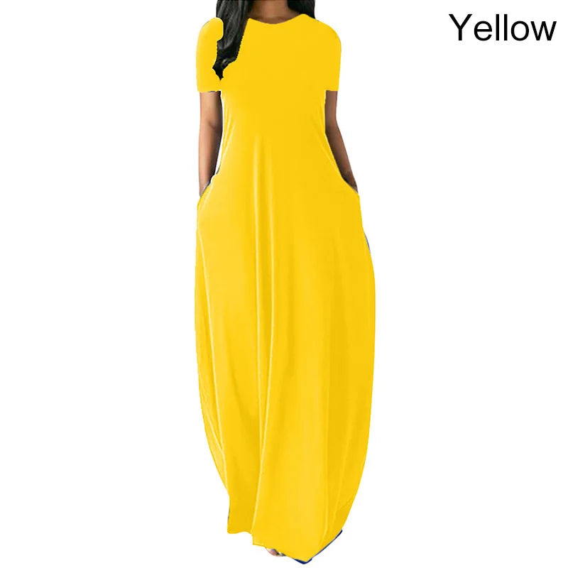 Women Oversize Casual Solid O-Neck Pockets Long Dress Summer Dress Female Plus Size Short Sleeve High Waist Maxi Dresses - Seprincess