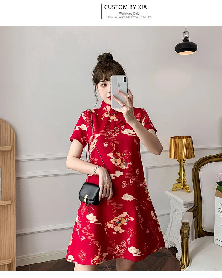 M-4XL 2022 New Year Red Summer Trend Street Fashion Modern Cheongsam A-line Dress Women Qipao Traditional Chinese Clothes - Seprincess