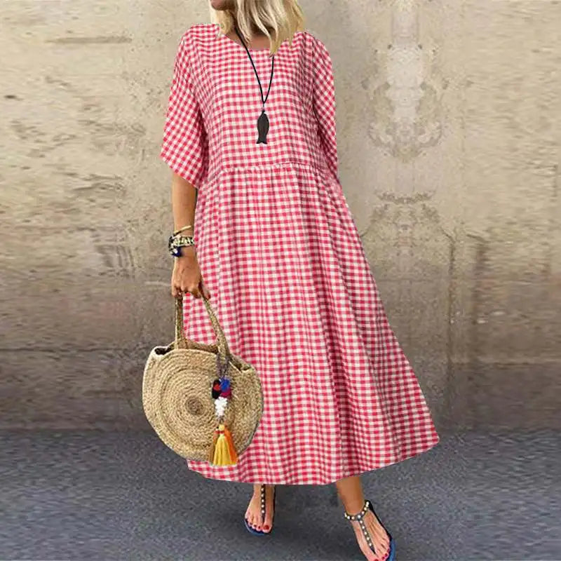 ZANZEA Women 2024 Summer Bohemian Maxi Dress Elegant Plaid Check Printed Robe Fashion Casual Holiday A Line Long Dress Oversize - Seprincess