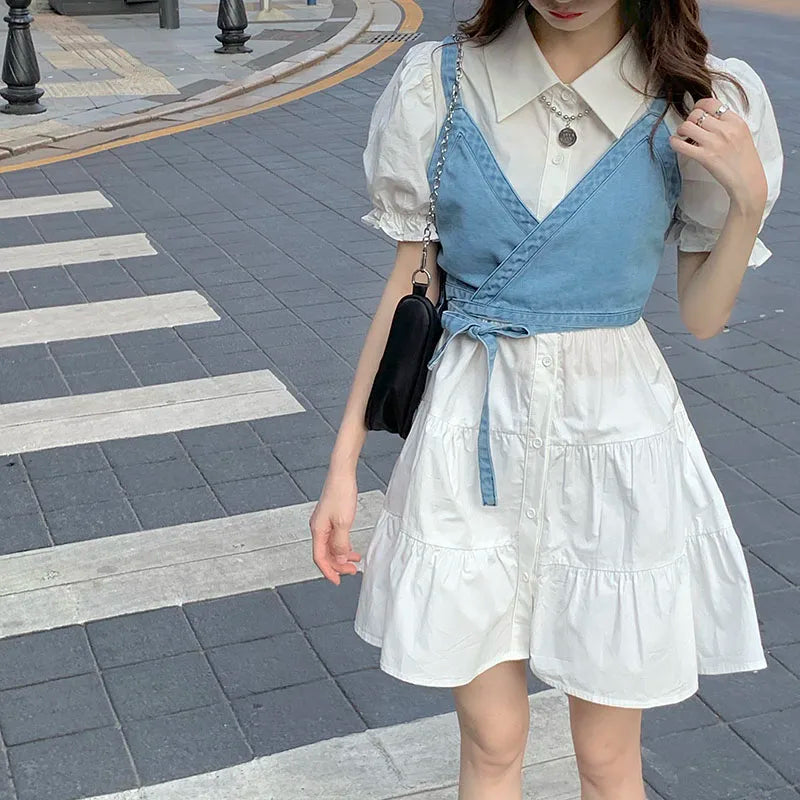 2 Piece Set Women Summer High Waist Dress Y2K Denim Camisole + Mini Dress Elegant Puff Sleeve A-line Dress Vintage Slim Dresses - Seprincess