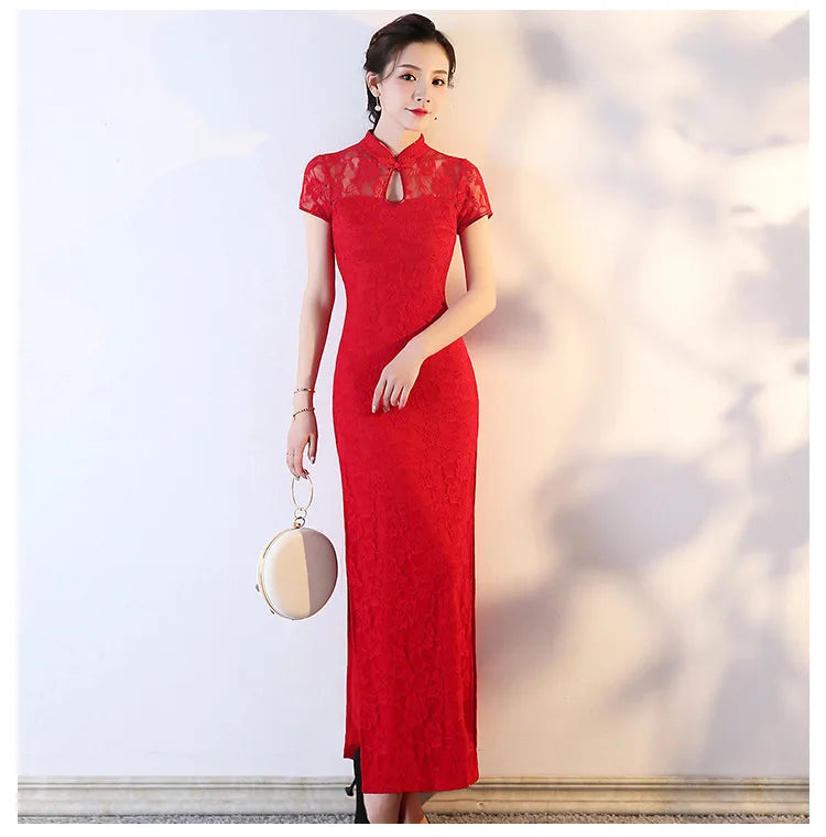 Lace Floral Perspective Collar Qipao Sexy Long Women Cheongsams Big Size 3XL 4XL 5XL Chinese Dress Grace Evening Party Vestidos - Seprincess