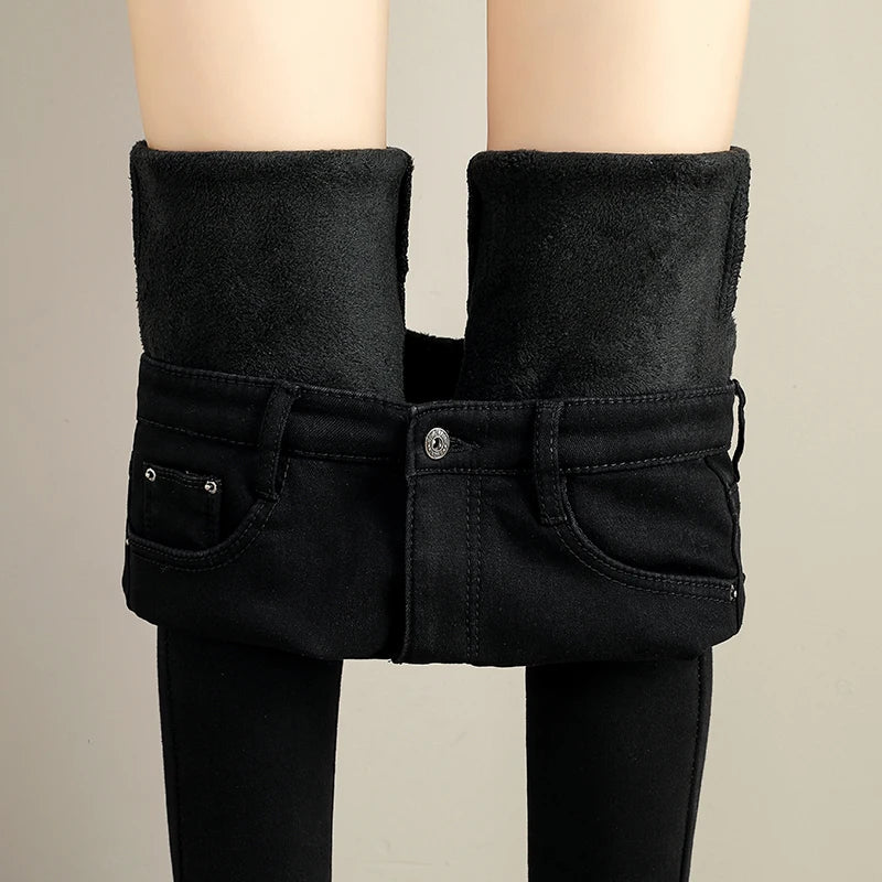 Women Stretch High Waist Skinny Warm Thick velvet Jeans Lady Mom Cotton Pants Student Winter Pencil Trousers clothes 38 40