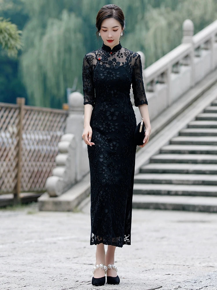 Chinese Style Women's Traditional Dress Retro Old Shanghai Style Long Cheongsam with 3/4 Sleeve Lace Summer Dress - Seprincess