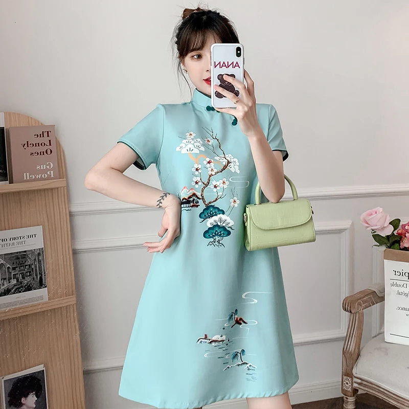 Plus Size M-4XL 2021 New Blue Loose Fashion Modern Cheongsam Dress Women Short Sleeve Qipao Traditional Chinese Style Clothes - Seprincess