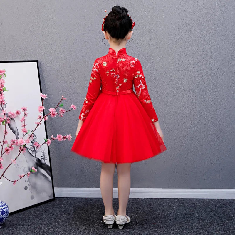 Cute Flower Girls Dresses Kids Chinese Embroidery Lace Cheongsam Dress Baby Girls Elegant Traditional Chinese New Year Dress - Seprincess