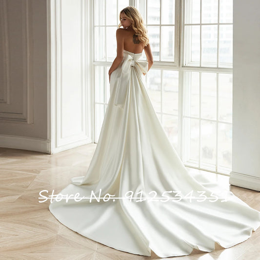 Hochzeitskleid Satin Mermaid Wedding Dress with Detachable Train Strapless Simple Brautkleid Bow Back Vestido De Noiva Sereia - Seprincess