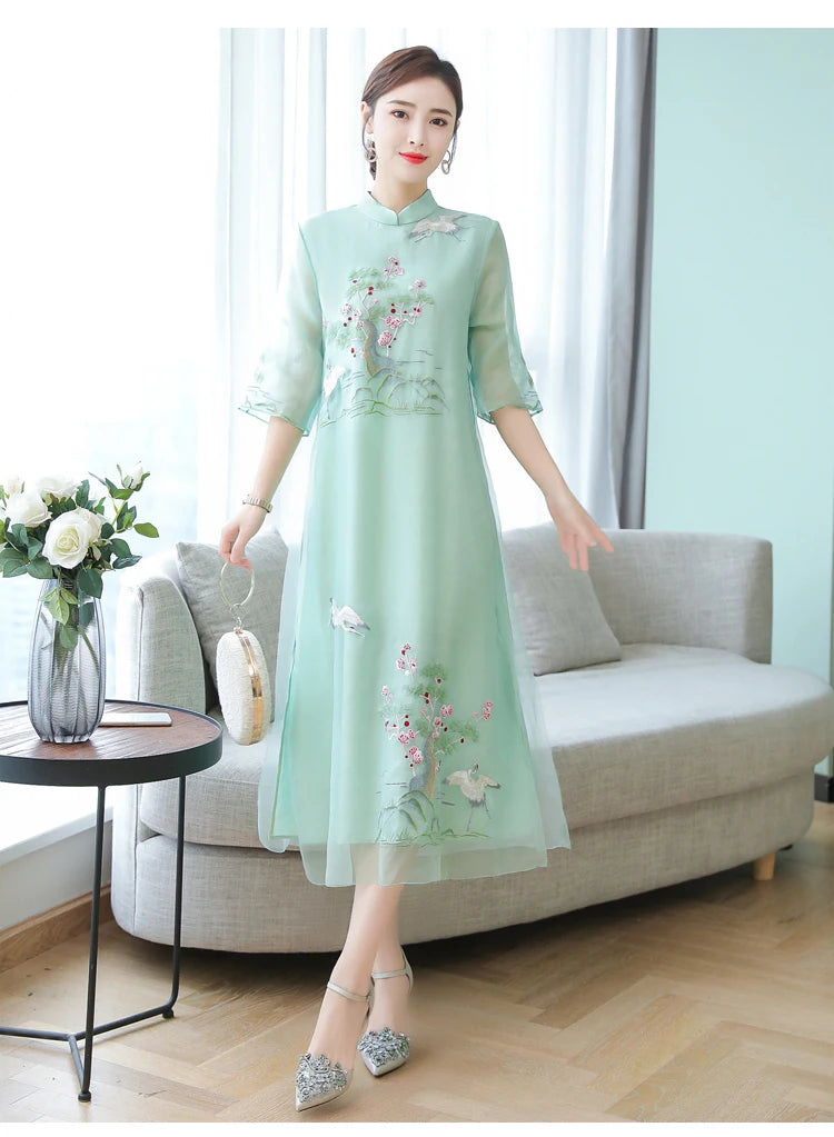 Chinese Styles Vintage Women Hanfu Midi Qipao Dresses China Traditional Elegant Cheongsam Tang Suit New Robe Orientale Clothing - Seprincess