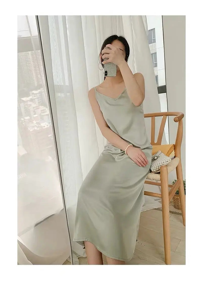 2024 Summer Chic Elegant Dresses For Women Adjustable Strap Satin  Long Birthday Party Dresses Maxi Beach Sundress Robe Vestido