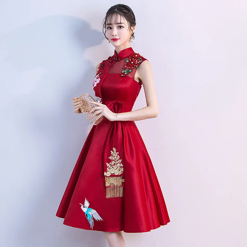 Buegundy Embroidery Oriental Style Banquet Dresses Chinese Vintage Traditional Wedding Cheongsam Elegant Evening Party Gowns - Seprincess