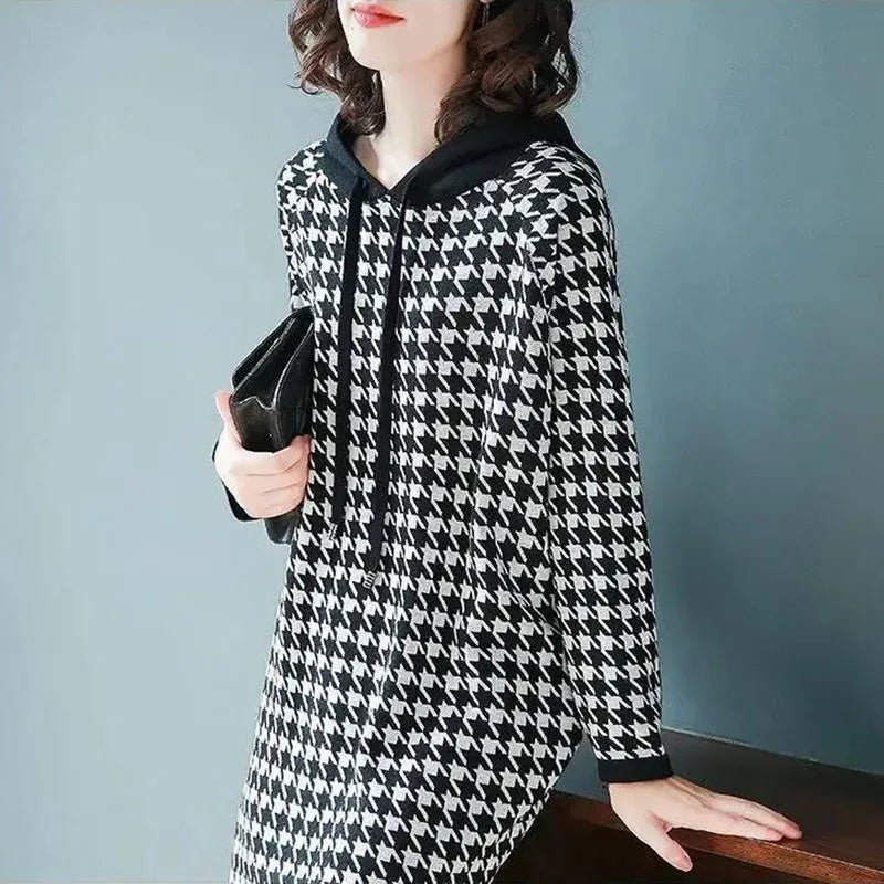 6XL Women's Dress 2024 Autumn Summer New Fashion Houndstooth Hooded Sweater Hoodie Dresses Winter Long-Sleeved Base Dress Female - Seprincess