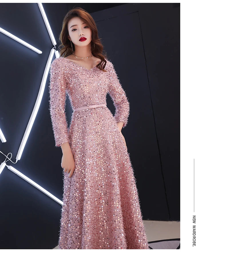 2021 Elegant Pink Feathers Long Evening Dress with Long-sleeve Shiny Sequin Lace Up Floor-Length Formal Gowns New Party Dresses - Seprincess