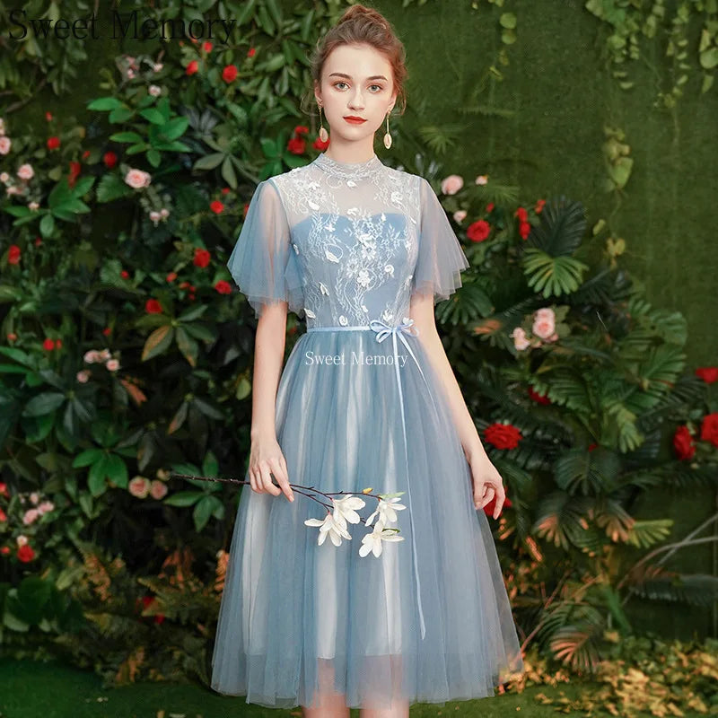 Gray Blue Bridesmaid Dresses For Women Elegant Half Sleeve Wedding Guest Dress Tulle Tea-Length Girl Vestido De Festa - Seprincess