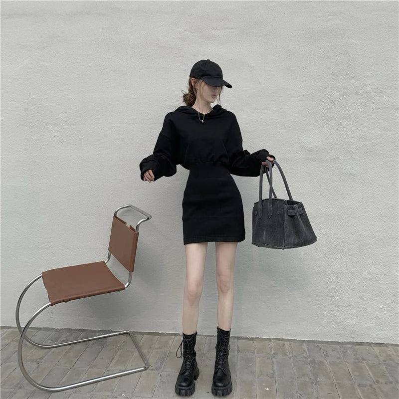 Hoodies Sweatshirt Knitted Dress Mini Black Long Sleeve Cotton Winter Vestido Corto Casual Korean Harajuku Fall 2020 Robe Femme - Seprincess