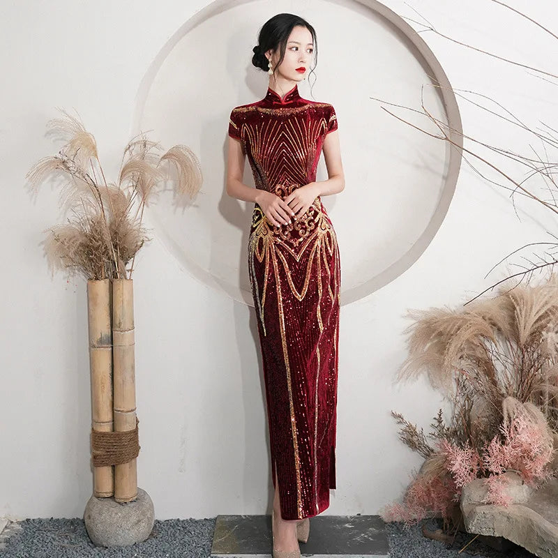 Elegant Lady Sequins Qipao Sexy Cheongsam Classic Mandarin Collar Chinese Dress Velvet Size 5XL Evening Party Vestidos - Seprincess