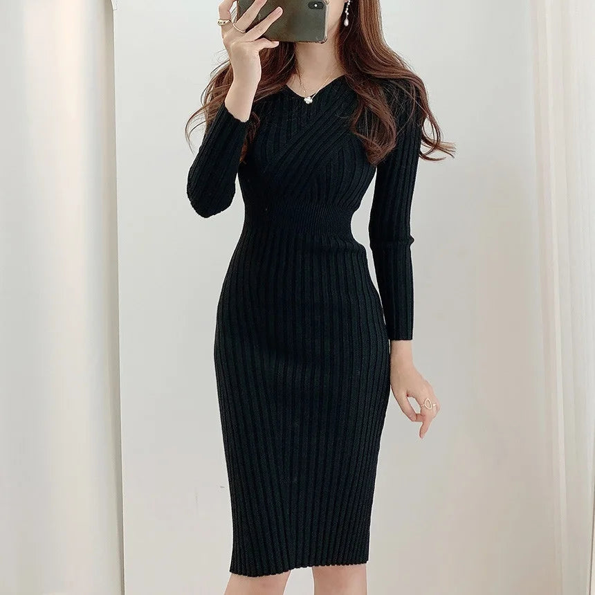 Vintage Long Sleeve Knitted Dresses for Women Party Robe Female Autumn 2021 Retro V-neck Bodycon Dress Korean Slim Waist Vestido - Seprincess