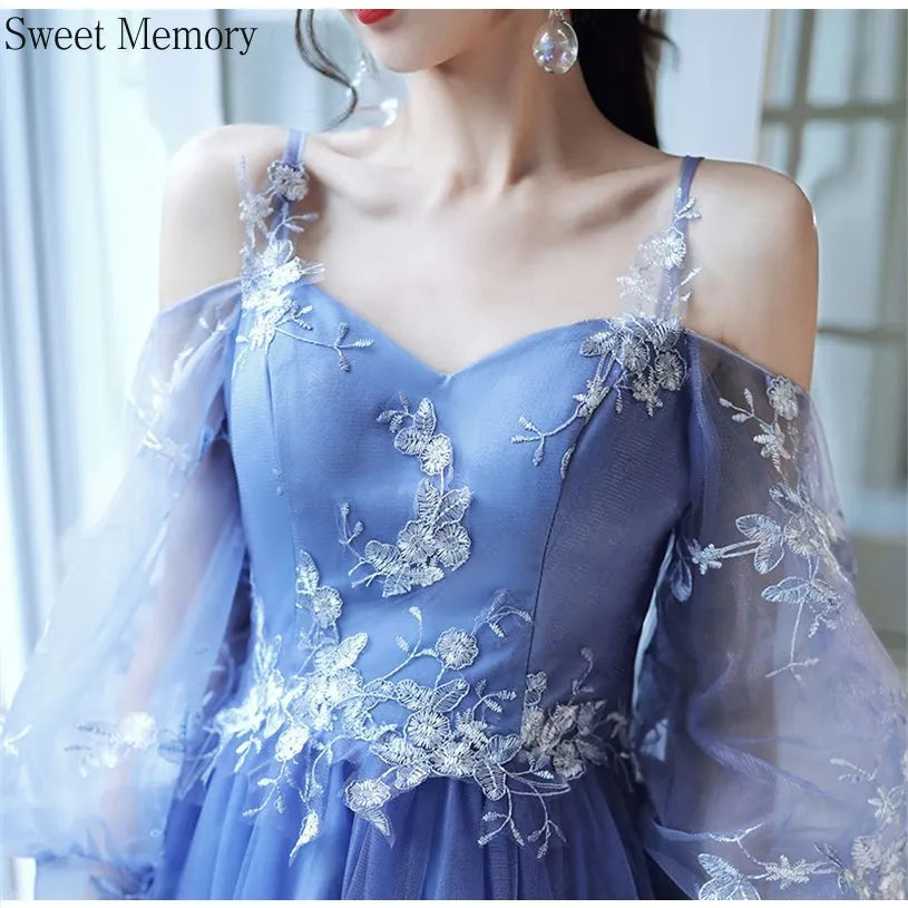 Sweet Memory 2025 Women Blue Bridesmaid Dresses Tea Length Appliques Lace Flowers Mismatched With Sleeves Wedding Party Dress - Seprincess