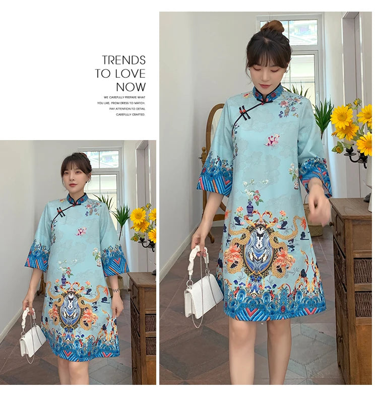 Ins Red Blue Loose 2021 New Fashion Modern Chinese Cheongsam A-line Dress Women 3/4 Sleeve Qipao Traditional Chinese Clothes - Seprincess