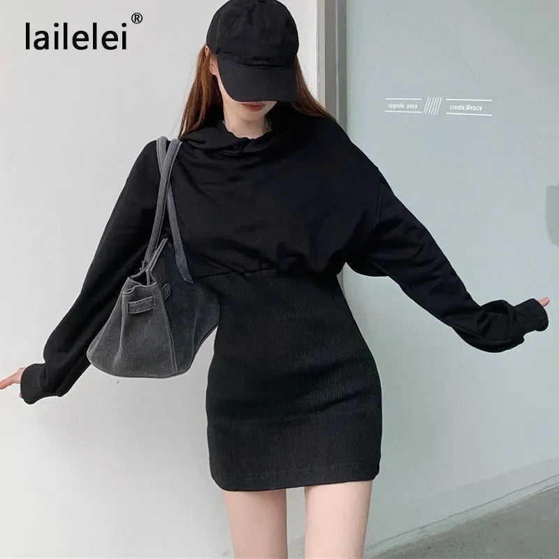 Hoodies Sweatshirt Knitted Dress Mini Black Long Sleeve Cotton Winter Vestido Corto Casual Korean Harajuku Fall 2020 Robe Femme - Seprincess