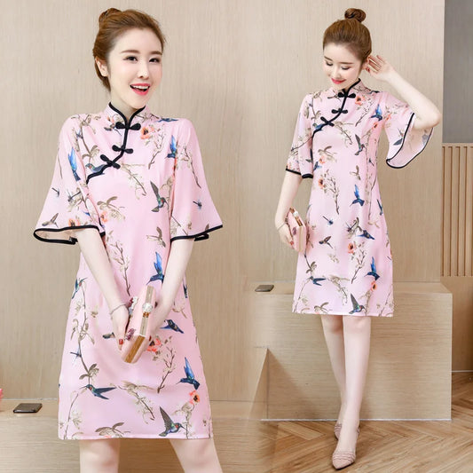 Fashion 2021 Plus Size M-4XL Vintage Chinese Pink Qipao Casual Party Women A-line Dress Short Sleeve Summer Cheongsam Dresses - Seprincess