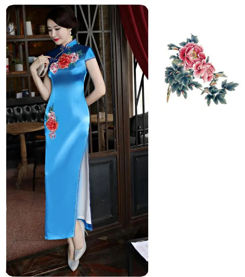 Classical Women Long Show Satin Chinese Dress Elegant Slim Embroidery Flower Qipao Cheongsam Retro Mandarin Collar Evening Gown