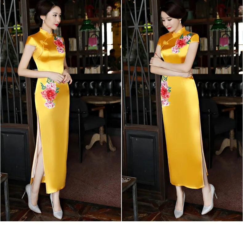 Classical Women Long Show Satin Chinese Dress Elegant Slim Embroidery Flower Qipao Cheongsam Retro Mandarin Collar Evening Gown - Seprincess