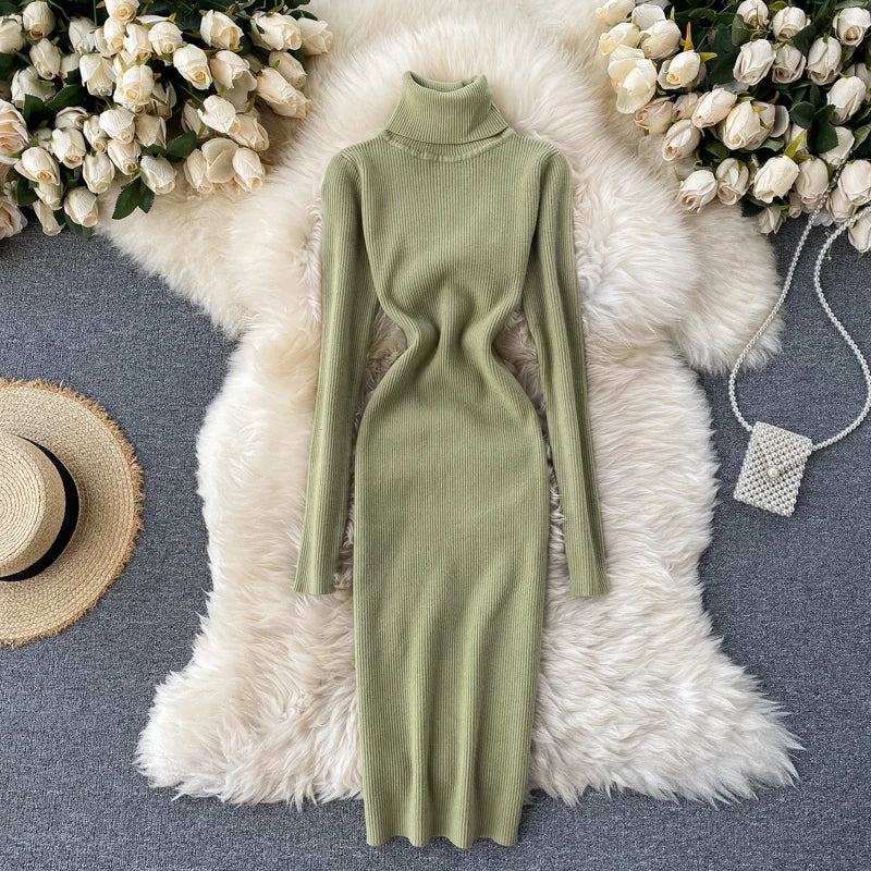 Dresses for Women 2022 Sexy Turtleneck Knitted Bodycon Dress Women Autumn Winter Long Sleeve Sweater Dress - Seprincess