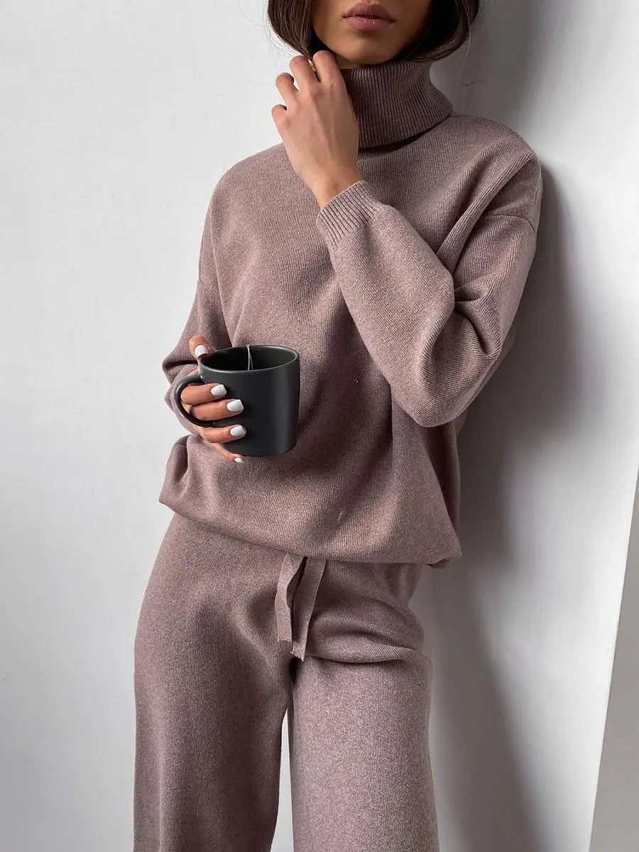 Women Sweater Suit Autumn Turtleneck Pullover Two Piece Set Casual Solid Loose Sweater and Long Pants Tracksuit Female Outfits - Seprincess